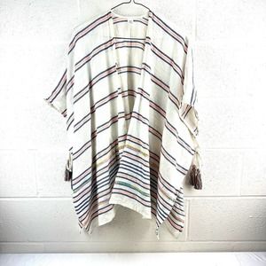 Dia Collection Swimwear Cover Up White Striped Embroidered Tassels One Size
